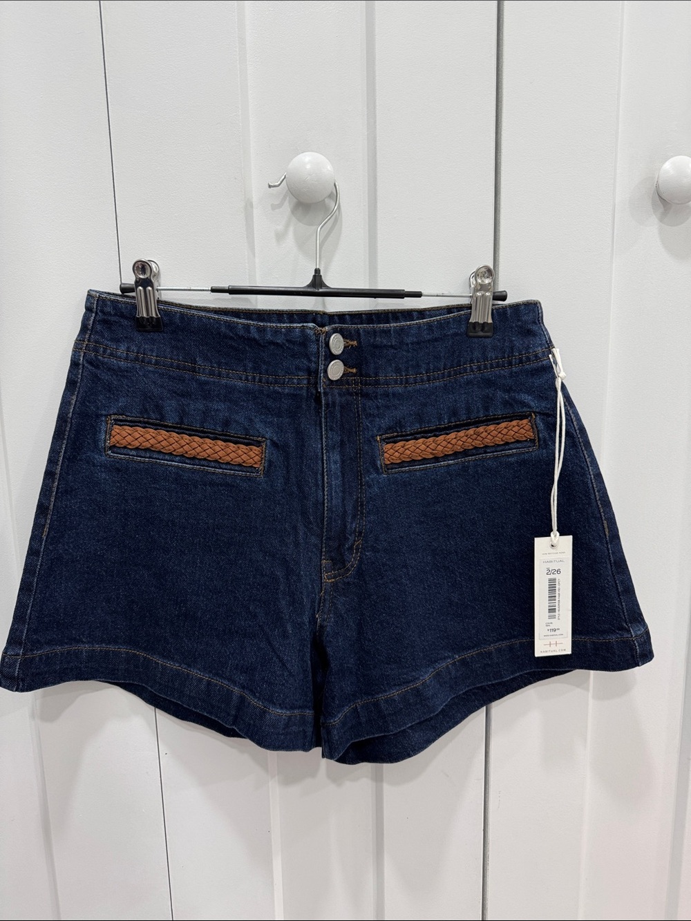 Habitual Dark Blue Denim Shorts with Brown Woven Trim